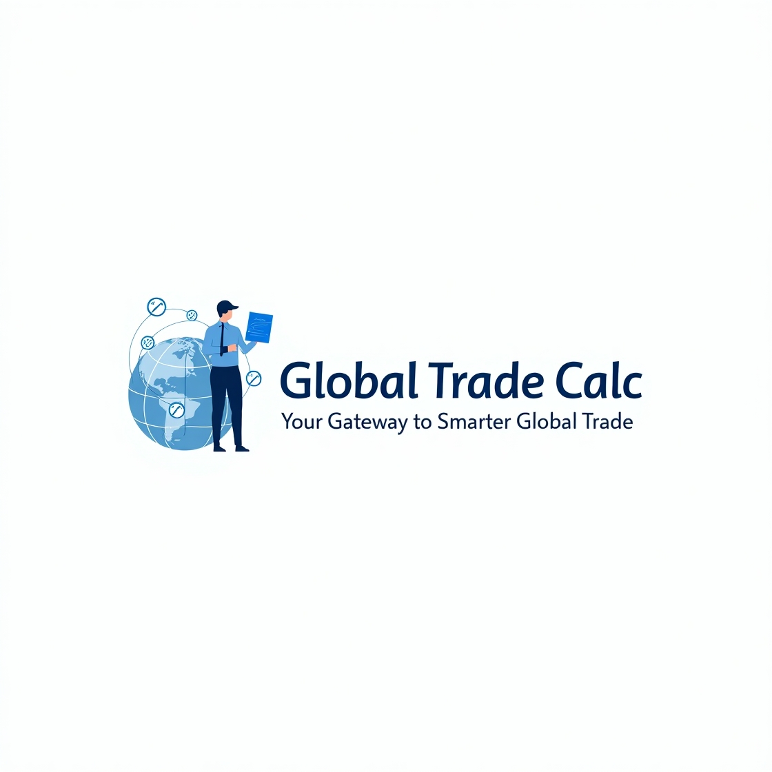 Global Trade Calc logo showing a professional holding trade documents next to a globe with network icons, representing smart international trade solutions.